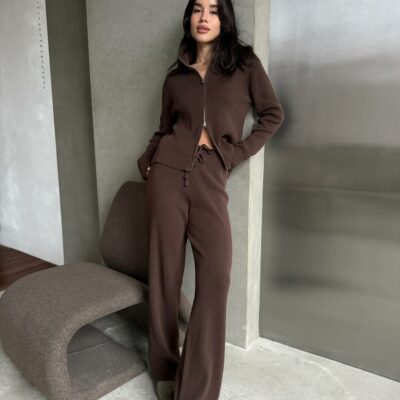 Женский Трикотажный Коричневый Костюм Двойка - Кофта на Молнии + Свободные Штаны Палаццо