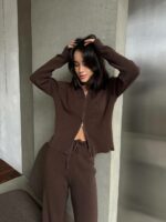 Женский Трикотажный Коричневый Костюм Двойка - Кофта на Молнии + Свободные Штаны Палаццо