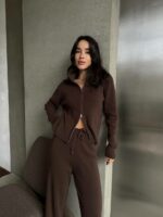 Женский Трикотажный Коричневый Костюм Двойка - Кофта на Молнии + Свободные Штаны Палаццо