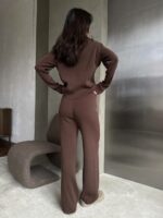 Женский Трикотажный Коричневый Костюм Двойка - Кофта на Молнии + Свободные Штаны Палаццо