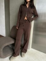 Женский Трикотажный Коричневый Костюм Двойка - Кофта на Молнии + Свободные Штаны Палаццо