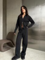 Женский Трикотажный Графитовый Костюм Двойка - Кофта на Молнии + Свободные Штаны Палаццо