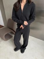 Женский Трикотажный Графитовый Костюм Двойка - Кофта на Молнии + Свободные Штаны Палаццо
