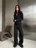 Женский Трикотажный Графитовый Костюм Двойка - Кофта на Молнии + Свободные Штаны Палаццо