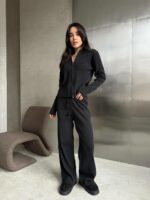 Женский Трикотажный Графитовый Костюм Двойка - Кофта на Молнии + Свободные Штаны Палаццо