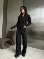 Женский Трикотажный Графитовый Костюм Двойка - Кофта на Молнии + Свободные Штаны Палаццо