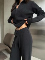 Женский Трикотажный Графитовый Костюм Двойка - Кофта на Молнии + Свободные Штаны Палаццо