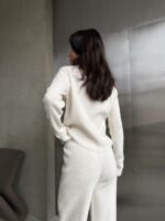 Женский Трикотажный Молочный Костюм Двойка - Кофта на Молнии + Свободные Штаны Палаццо