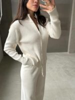Женский Трикотажный Молочный Костюм Двойка - Кофта на Молнии + Свободные Штаны Палаццо