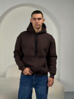 Мужское Утепленное Коричневое Худи на Флисе - Базовое Оверсайз