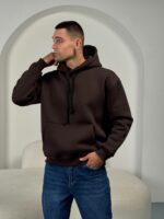 Мужское Утепленное Коричневое Худи на Флисе - Базовое Оверсайз