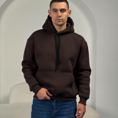 Мужское Утепленное Коричневое Худи на Флисе - Базовое Оверсайз