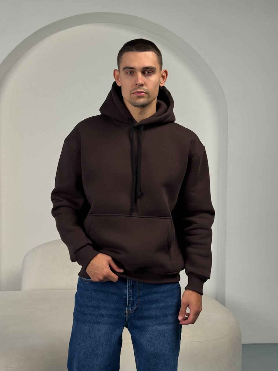 photo_2025-12-01_11-46-43 Мужское Утепленное Коричневое Худи на Флисе - Базовое Оверсайз