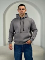 Мужское Утепленное Темно-Серое Худи на Флисе - Базовое Оверсайз