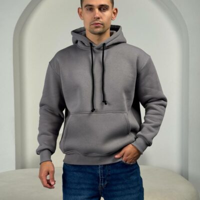 Мужское Утепленное Темно-Серое Худи на Флисе - Базовое Оверсайз