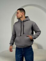 Мужское Утепленное Темно-Серое Худи на Флисе - Базовое Оверсайз