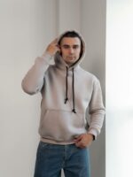 Мужское Утепленное Бежевое Худи на Флисе - Базовое Оверсайз