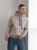 Мужское Утепленное Бежевое Худи на Флисе - Базовое Оверсайз