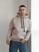 Мужское Утепленное Бежевое Худи на Флисе - Базовое Оверсайз