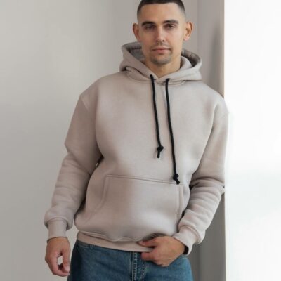 Мужское Утепленное Бежевое Худи на Флисе - Базовое Оверсайз