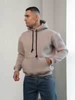 Мужское Утепленное Бежевое Худи на Флисе - Базовое Оверсайз