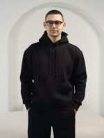 Мужское Утепленное Черное Худи на Флисе - Базовое Оверсайз