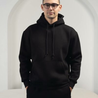 Мужское Утепленное Черное Худи на Флисе - Базовое Оверсайз