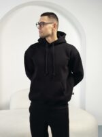 Мужское Утепленное Черное Худи на Флисе - Базовое Оверсайз