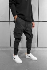 Мужские Черные Штаны Брюки Карго Зауженные к Низу с Липучками и Накладными Карманами