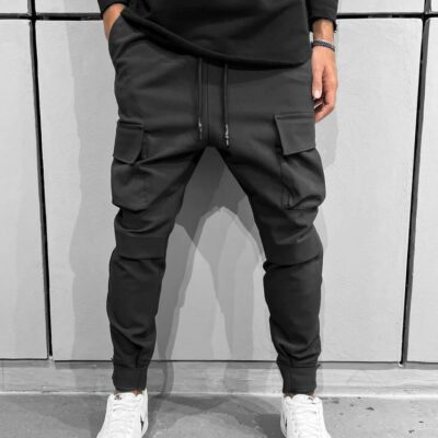 Мужские Черные Штаны Брюки Карго Зауженные к Низу с Липучками и Накладными Карманами