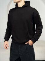 Мужское Утепленное Черное Худи Оверсайз - Базовое на Флисе с Фиксаторами