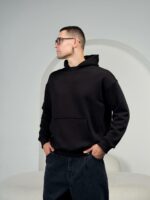 Мужское Утепленное Черное Худи Оверсайз - Базовое на Флисе с Фиксаторами