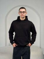 Мужское Утепленное Черное Худи Оверсайз - Базовое на Флисе с Фиксаторами