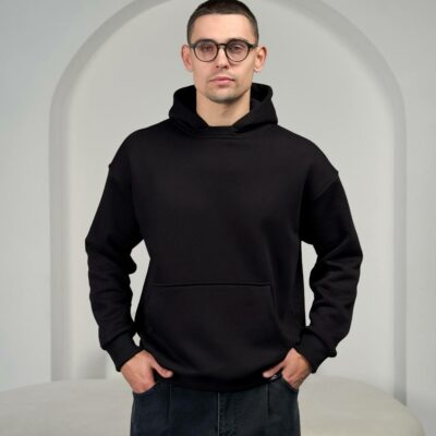 Мужское Утепленное Черное Худи Оверсайз - Базовое на Флисе с Фиксаторами