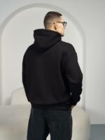 Мужское Утепленное Черное Худи Оверсайз - Базовое на Флисе с Фиксаторами