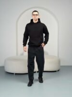 Мужское Утепленное Черное Худи Оверсайз - Базовое на Флисе с Фиксаторами