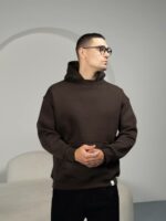 Мужское Утепленное Коричневое Худи Оверсайз - Базовое на Флисе с Фиксаторами