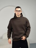 Мужское Утепленное Коричневое Худи Оверсайз - Базовое на Флисе с Фиксаторами