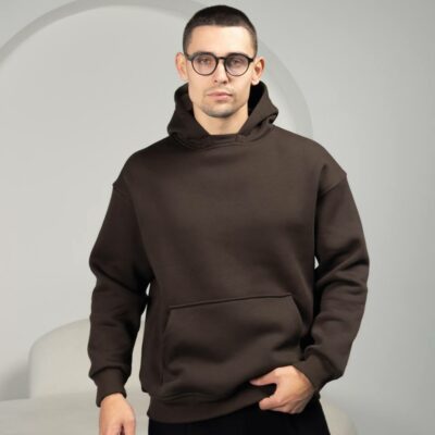 Мужское Утепленное Коричневое Худи Оверсайз - Базовое на Флисе с Фиксаторами