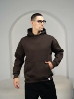 Мужское Утепленное Коричневое Худи Оверсайз - Базовое на Флисе с Фиксаторами