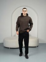 Мужское Утепленное Коричневое Худи Оверсайз - Базовое на Флисе с Фиксаторами