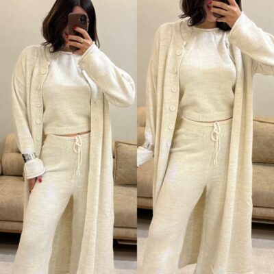 Женский Теплый Молочный Костюм Тройка - Кофта с Короткими Рукавами + Длинный Кардиган + Широкие Штаны