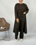 Женский Теплый Коричневый Костюм Тройка - Кофта с Короткими Рукавами + Длинный Кардиган + Широкие Штаны