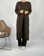 Женский Теплый Коричневый Костюм Тройка - Кофта с Короткими Рукавами + Длинный Кардиган + Широкие Штаны