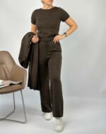 Женский Теплый Коричневый Костюм Тройка - Кофта с Короткими Рукавами + Длинный Кардиган + Широкие Штаны