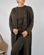 Женский Теплый Коричневый Костюм Тройка - Кофта с Короткими Рукавами + Длинный Кардиган + Широкие Штаны