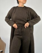 Женский Теплый Коричневый Костюм Тройка - Кофта с Короткими Рукавами + Длинный Кардиган + Широкие Штаны