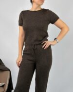 Женский Теплый Коричневый Костюм Тройка - Кофта с Короткими Рукавами + Длинный Кардиган + Широкие Штаны