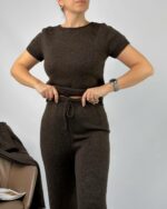 Женский Теплый Коричневый Костюм Тройка - Кофта с Короткими Рукавами + Длинный Кардиган + Широкие Штаны