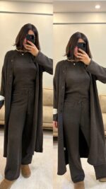 Женский Теплый Коричневый Костюм Тройка - Кофта с Короткими Рукавами + Длинный Кардиган + Широкие Штаны